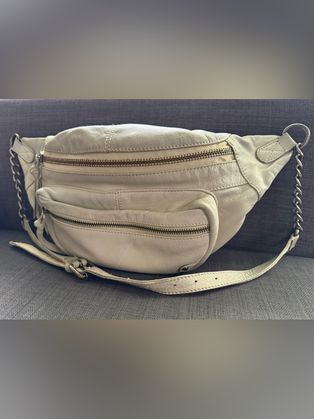 Free People Leather Crossbody Waist Bag with Chain Strap - Very Light Blue - Picture 4 of 6